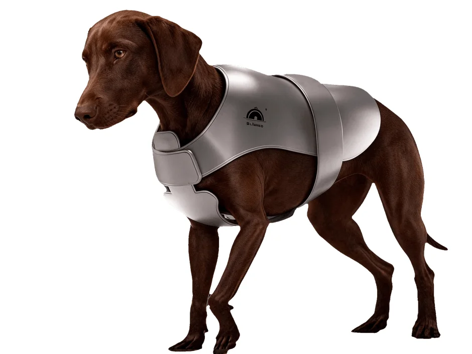 茶色い犬が銀色の保護ベストを着用