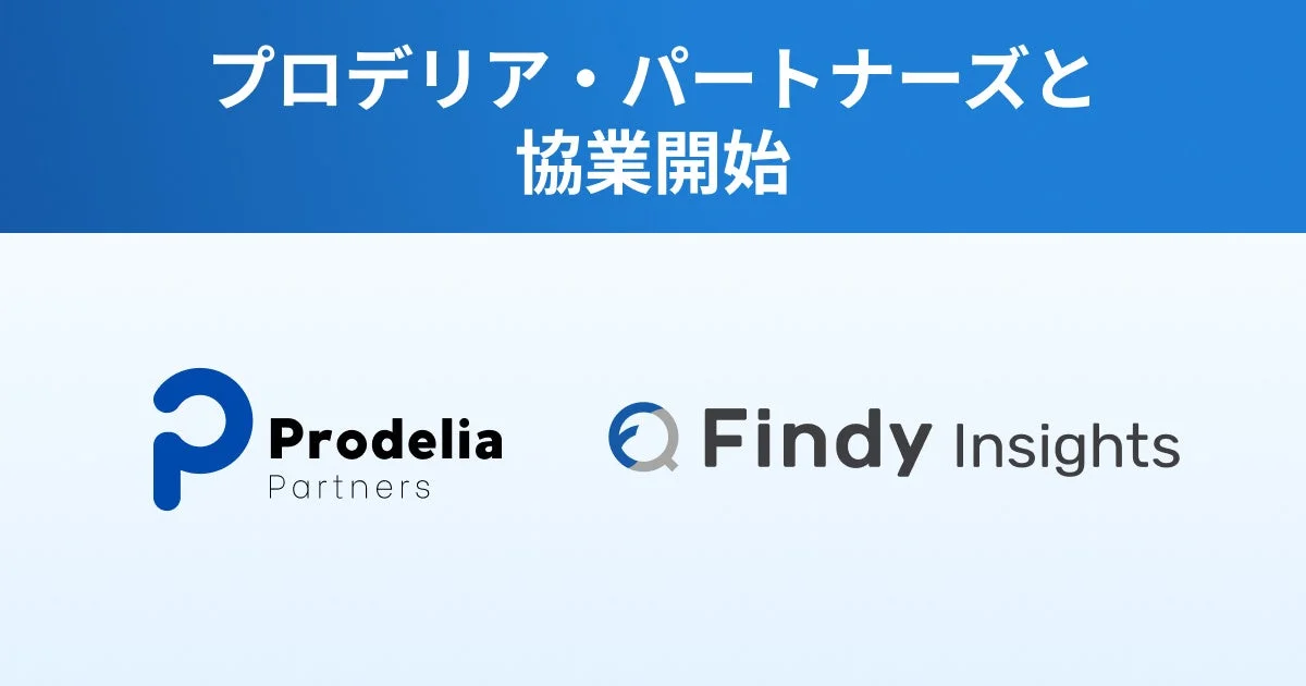 プロデリア・パートナーズとFindy Insightsの協業開始を告知する画像です。両社のロゴが並んで表示されています。