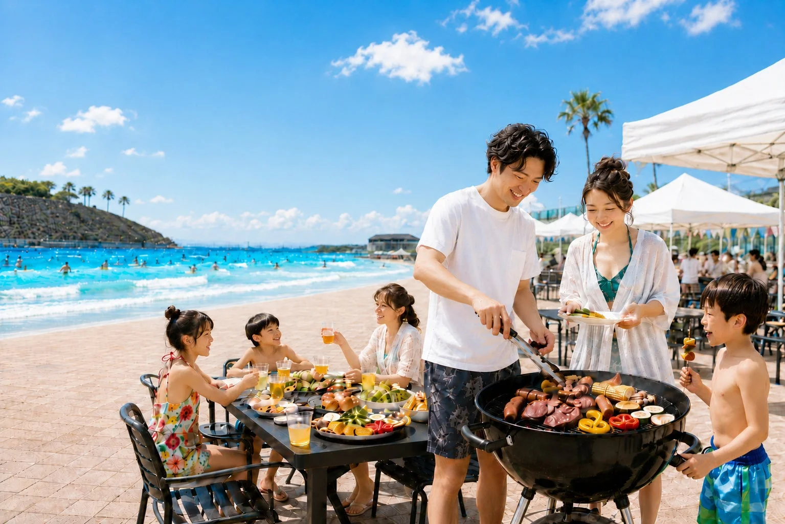 大磯ロングビーチでBBQを楽しむ家族