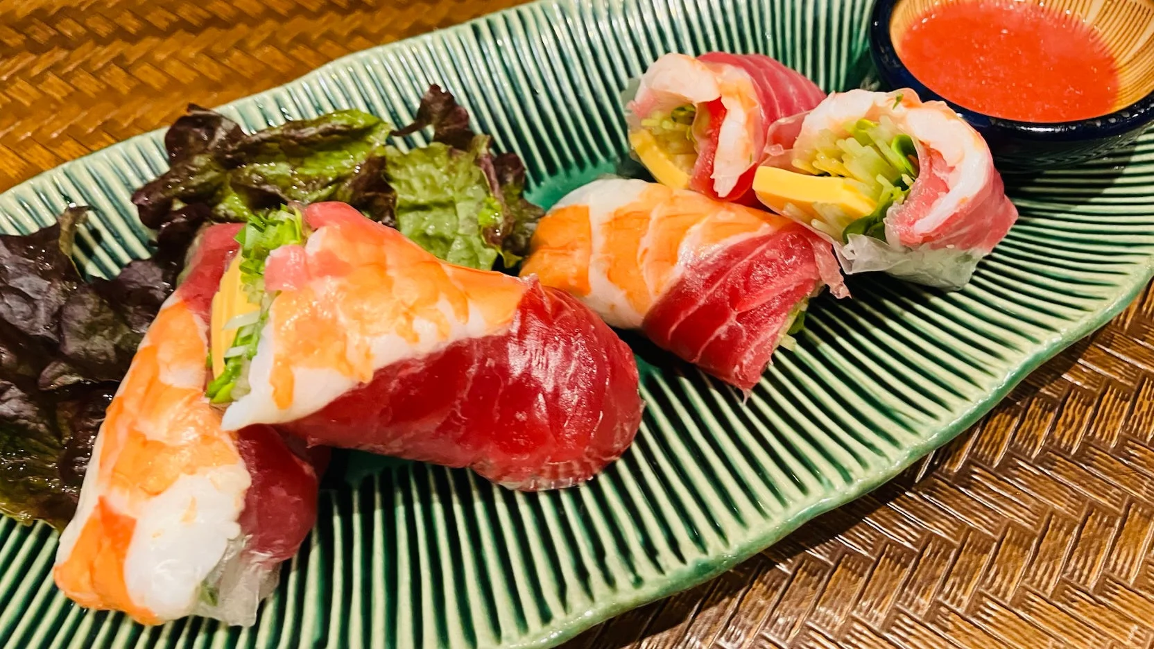 戻りカツオと海老チーズ生春巻き
