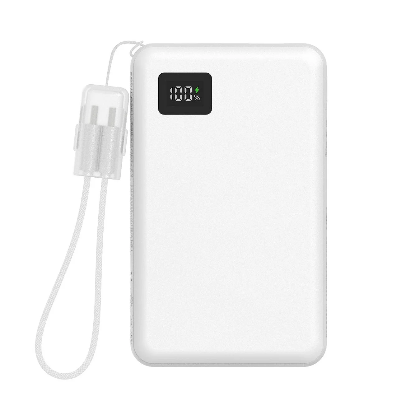 白いモバイルバッテリーが写っており、デジタル表示で充電残量100%と表示されている