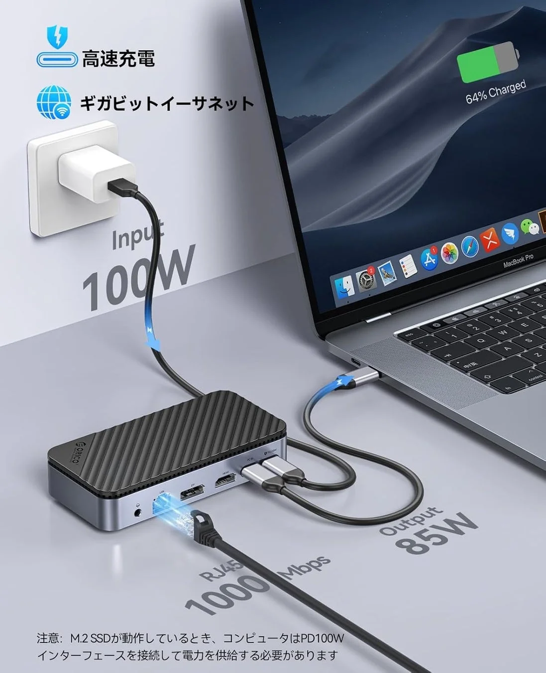 MacBook Proへの高速充電とギガビットイーサネット接続
