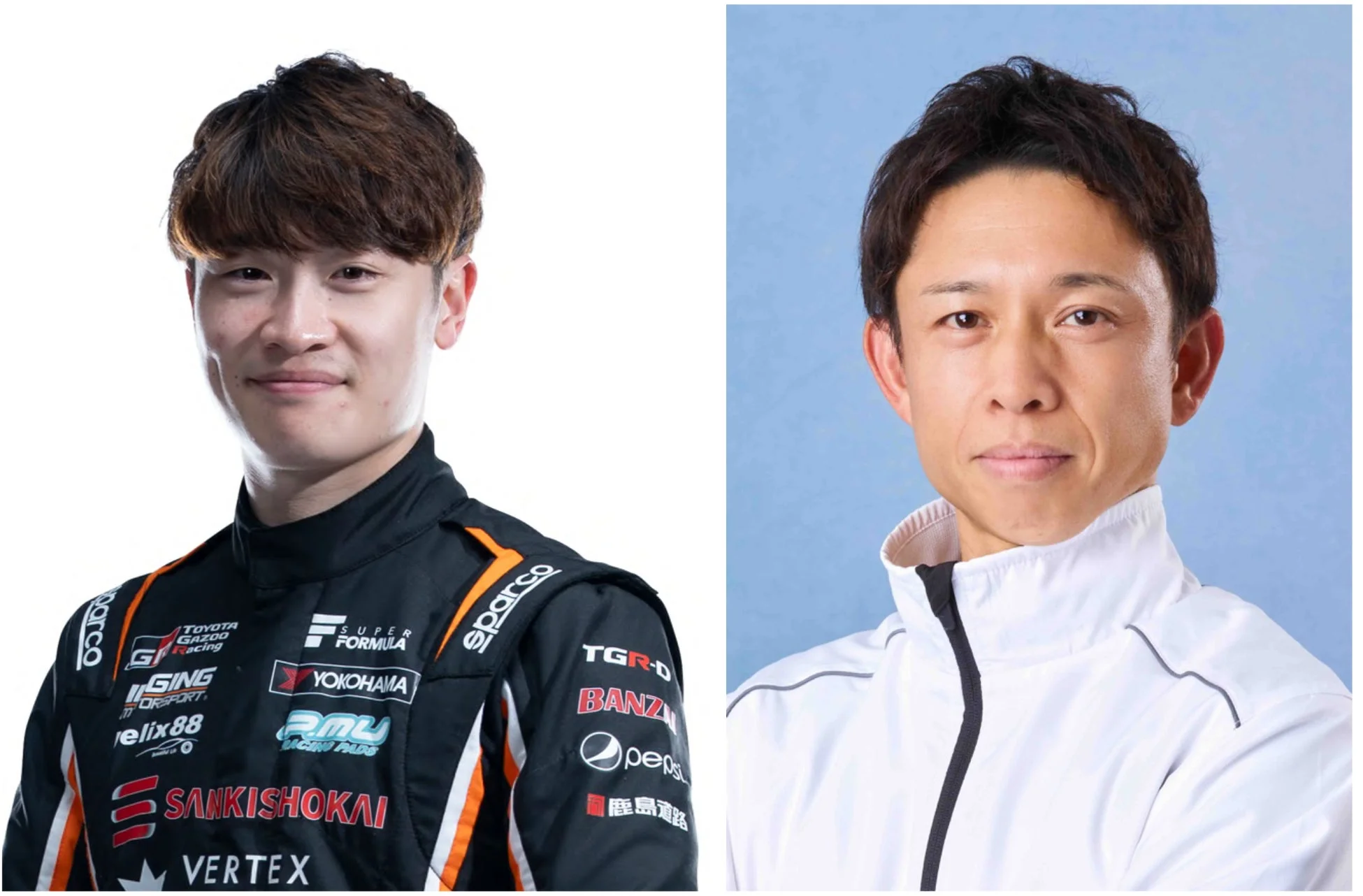 レーシングスーツ姿の若い男性と白いジャケットを着た男性の、それぞれ異なる背景でのポートレート。左の男性は笑顔で、右の男性は真顔。