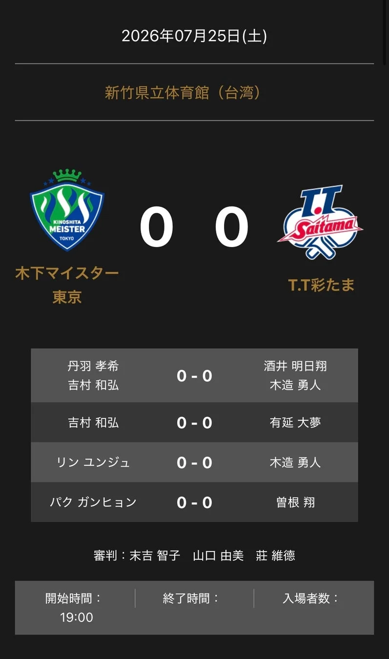 ノジマTリーグ 2025-2026シーズン 公式戦 7月25日開催 木下マイスター東京 vs T.T彩たま 対戦オーダー
