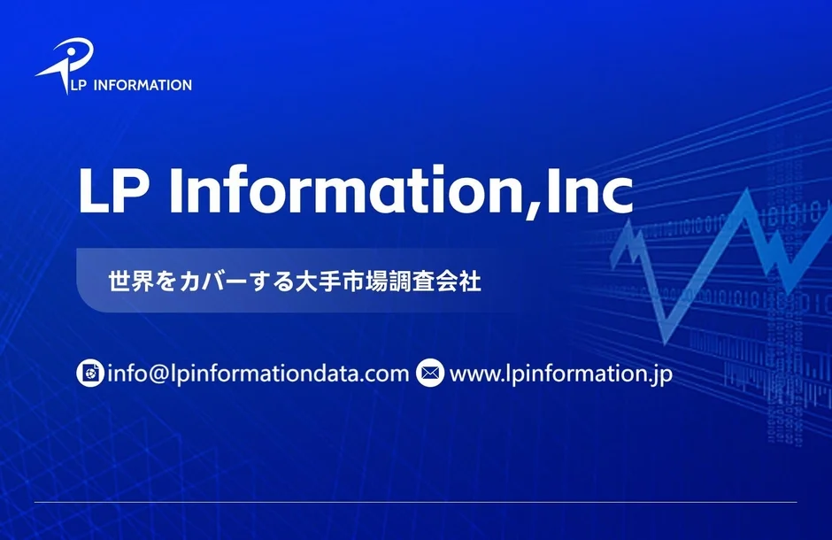 LP Information, Inc.の企業紹介画像です。世界をカバーする大手市場調査会社であることを示し、連絡先のメールアドレスとウェブサイトが記載されています。背景にはデータのグラフが描かれています。