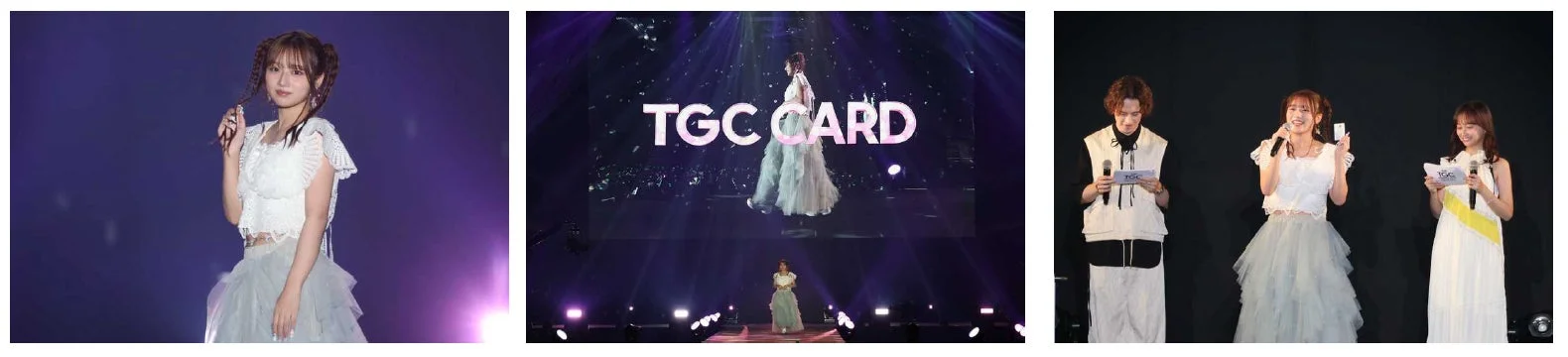 女性アイドルがステージ上で華やかな衣装を身につけてポーズを取ったり、他の出演者とトークしたりしている様子