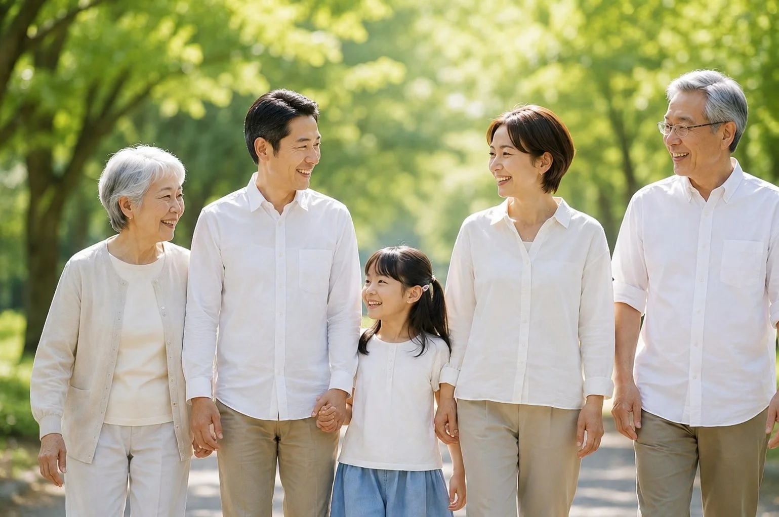 三世代のアジア人家族が笑顔で散歩しています。