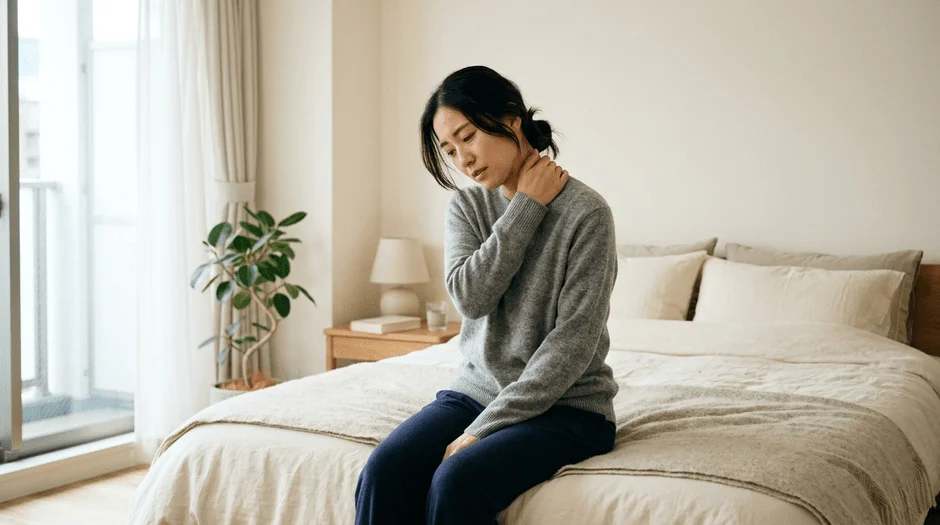 ベッドに座って首や肩を抑えている女性の姿。寝室で体の不調を感じている様子がうかがえます。