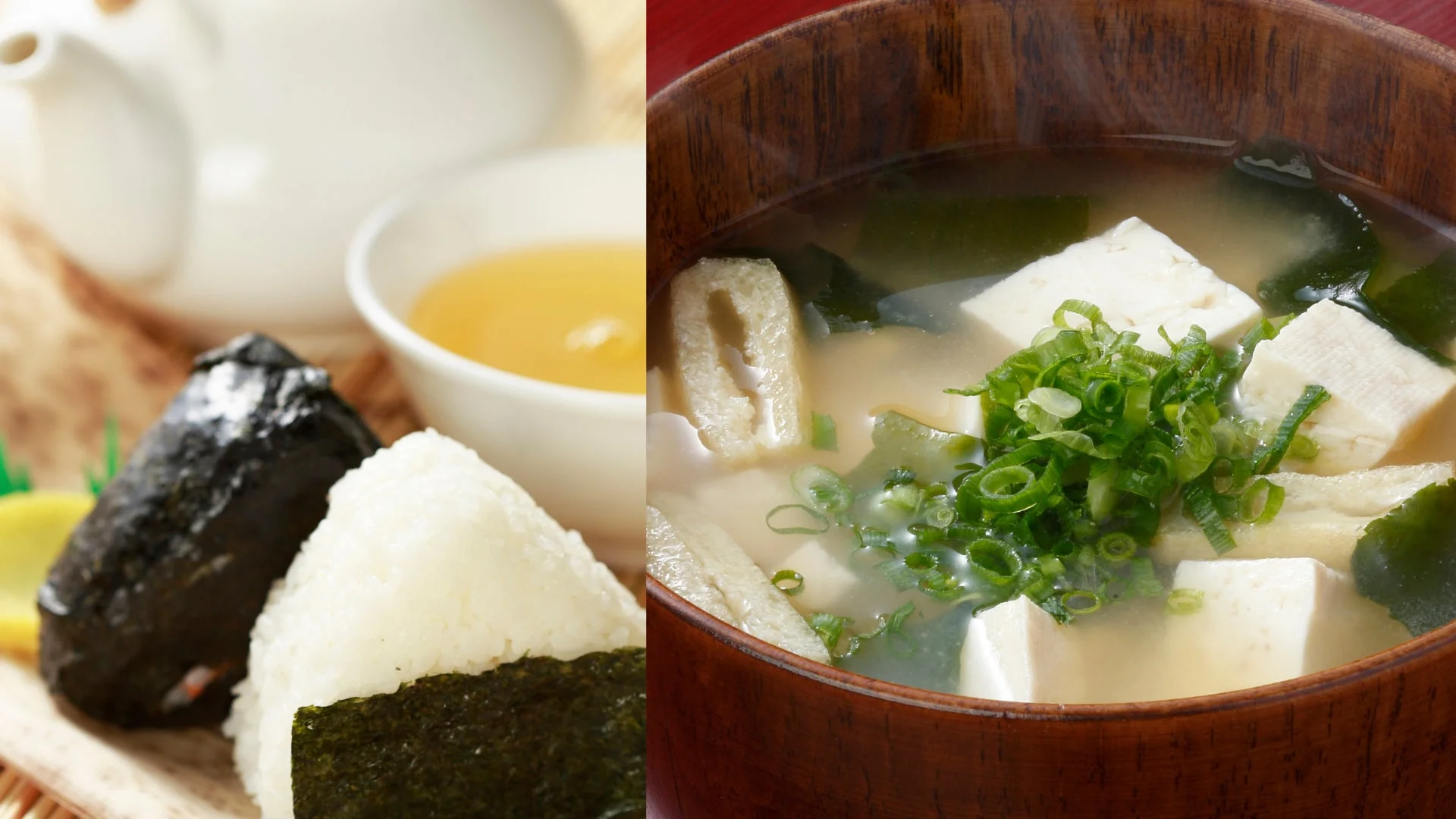 おにぎり、味噌汁、日本茶の食卓