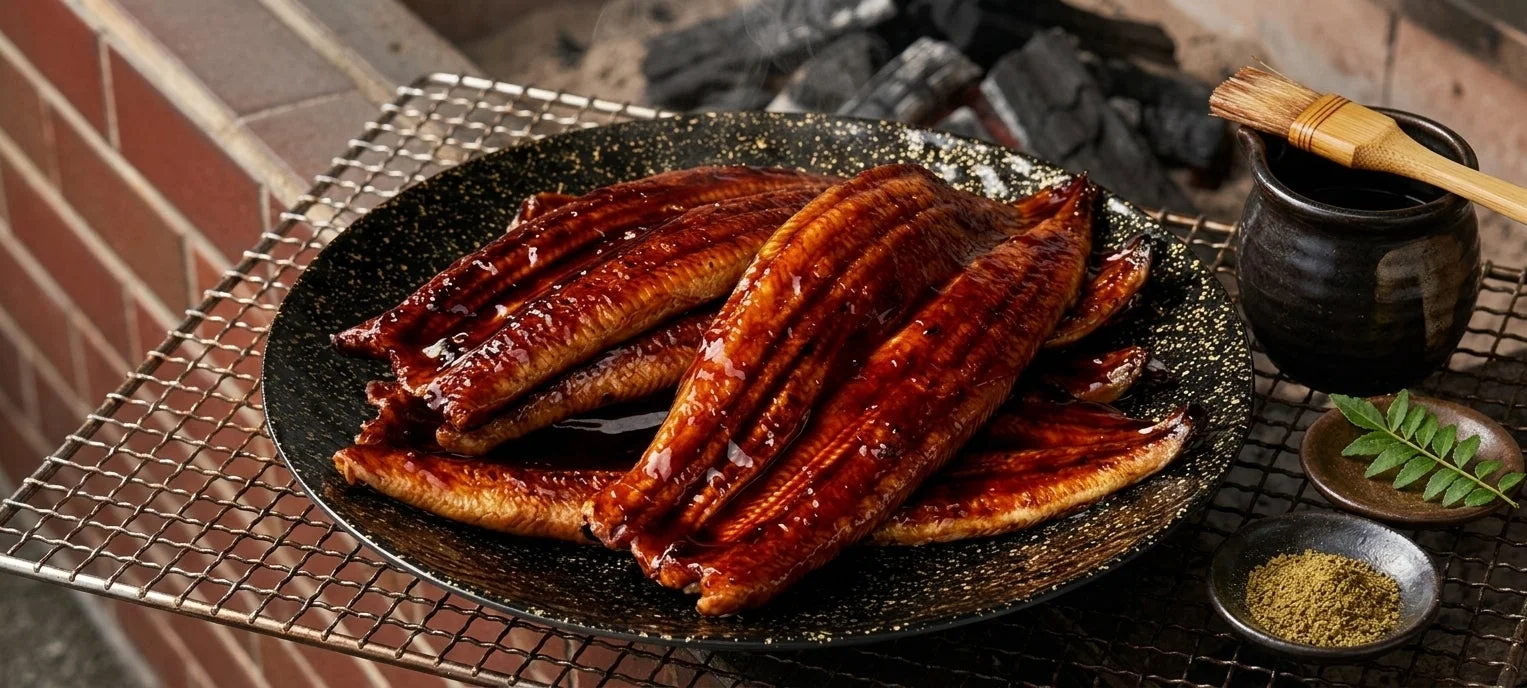 炭火で焼かれた美味しそうなうなぎ