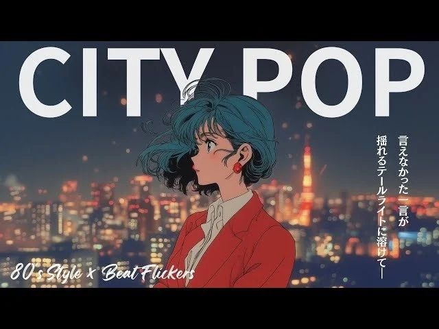 夜景を背景にレトロなアニメ風の女性が描かれたシティポップイラスト