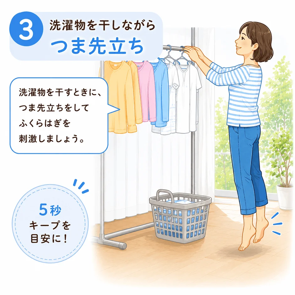 洗濯物を干しながらつま先立ちをする女性のイラスト