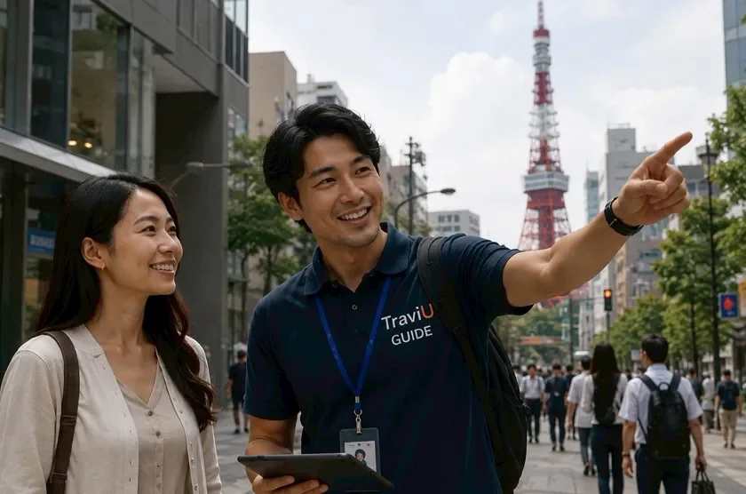 東京の街中でガイドが案内する様子