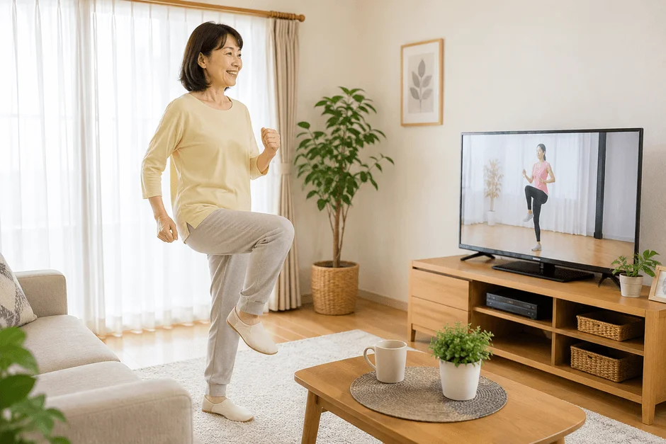 リビングでテレビを見ながら運動するシニア女性