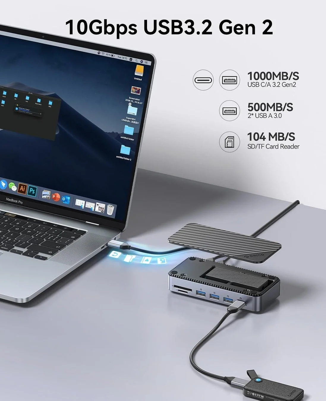 MacBook Proに接続された多機能USBハブ