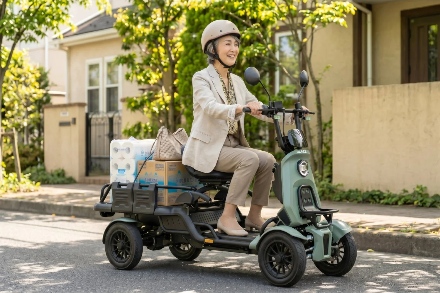 荷物を積んだイーカーゴに乗る女性