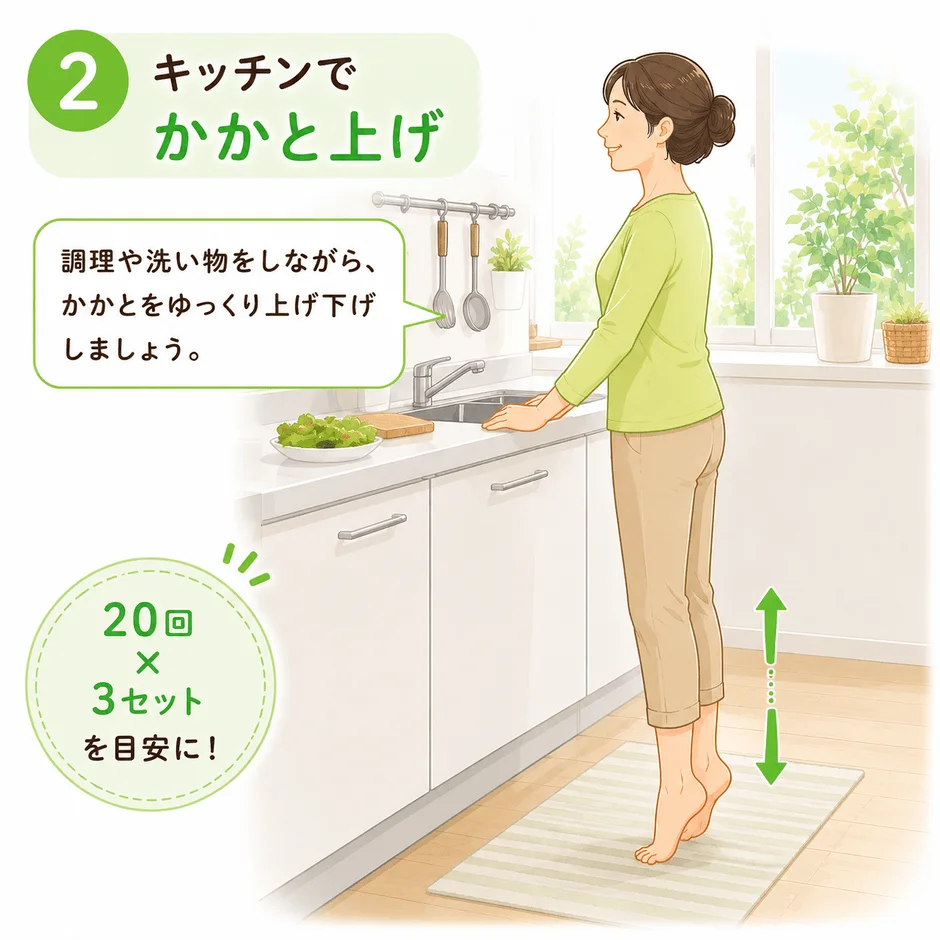 キッチンで家事をしながらかかと上げ運動をする女性のイラスト