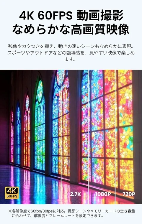 4K 60FPSでの動画撮影をアピールする画像。残像やカクつきを抑えたなめらかな高画質映像を強調し、スポーツやアウトドアシーンでの臨場感を伝えます。ステンドグラスの例で4K、2.7K、1080P、720Pの解像度比較も示しています。