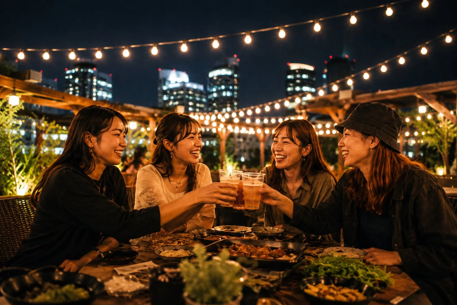 屋上テラスでビールを乾杯する女性たち