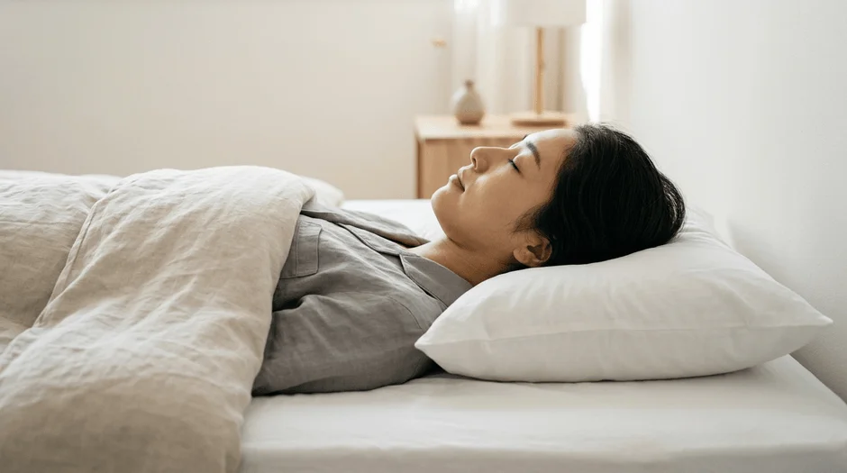 明るく清潔感のある寝室で、一人の女性が白い寝具に包まれて安らかに眠っています。穏やかな表情から、深い休息とリラックスした時間を感じさせます。
