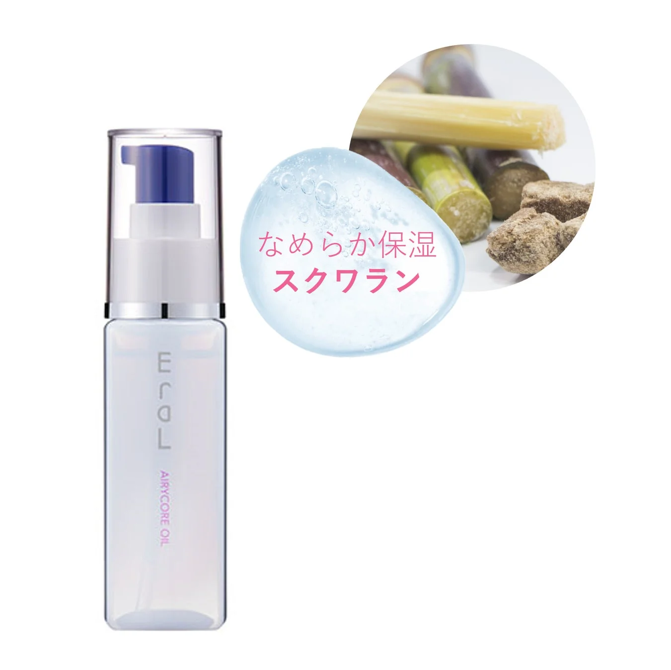 なめらかな保湿効果を持つスクワラン配合の「ECOL AIRYCORE OIL」のボトルと、その原料であるサトウキビのイメージが示された商品画像です。