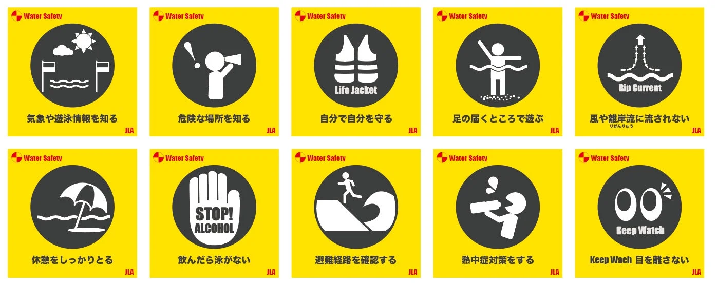 水辺での安全を守るための注意喚起標識の集合