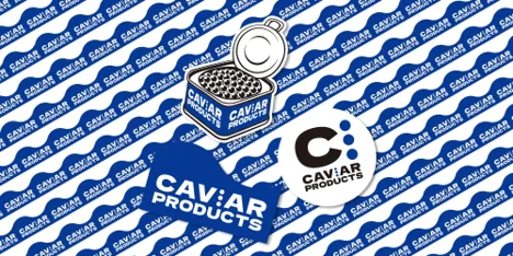 「CAVIAR PRODUCTS」のロゴとキャビアの缶をモチーフにしたデザイン