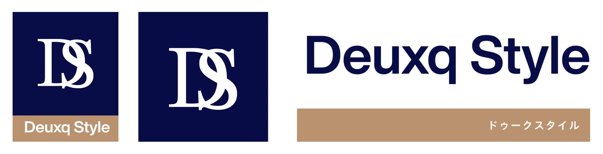 紺色の背景に「DS」のモノグラムロゴと「Deuxq Style」の文字、そしてカタカナ表記「ドゥークスタイル」が配置されたブランドロゴです。