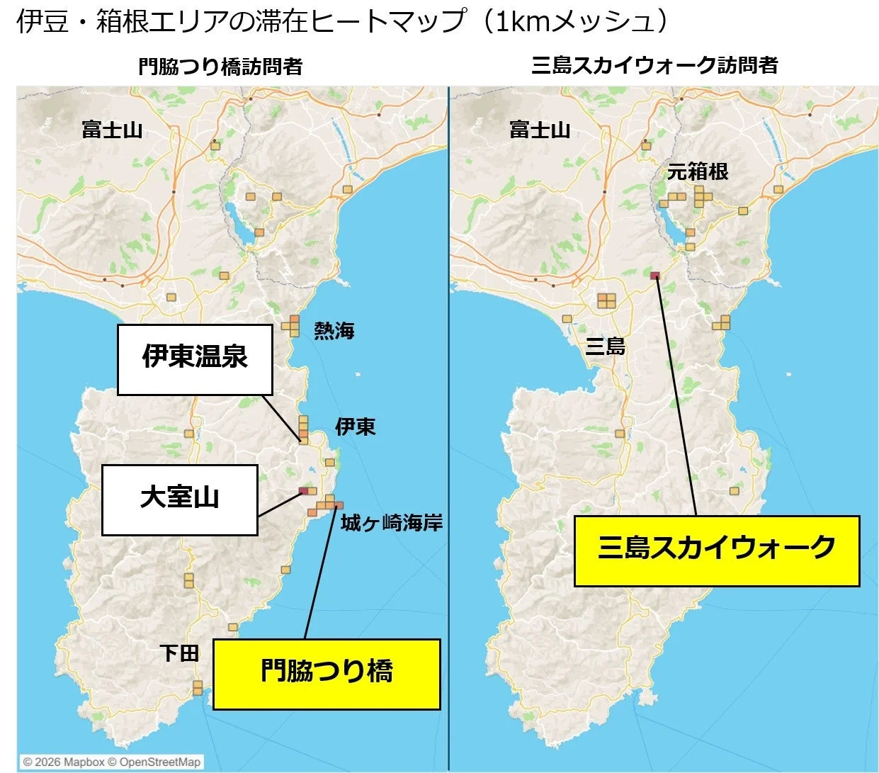 伊豆・箱根エリアの滞在ヒートマップ (1kmメッシュ)