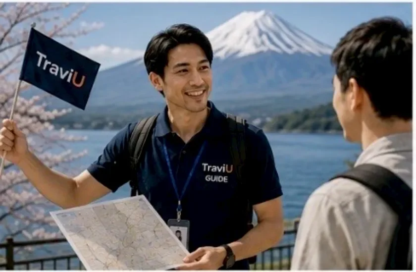 富士山と桜を背景にガイドが説明する様子