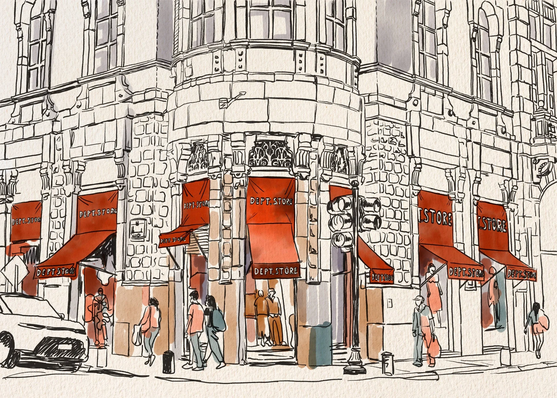デパートのような建物が角にある街並みのイラスト