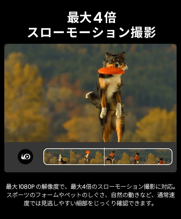 フリスビーをキャッチする犬の決定的瞬間を捉えた画像で、最大4倍スローモーション撮影機能を紹介しています。最大1080Pの解像度で、スポーツやペットの細かな動きを鮮明に記録できることをアピールしています。