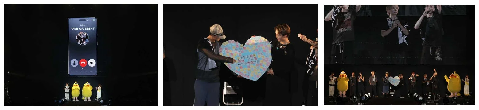 ライブイベントのステージで、ONE OR EIGHTと黄色い鳥の着ぐるみ