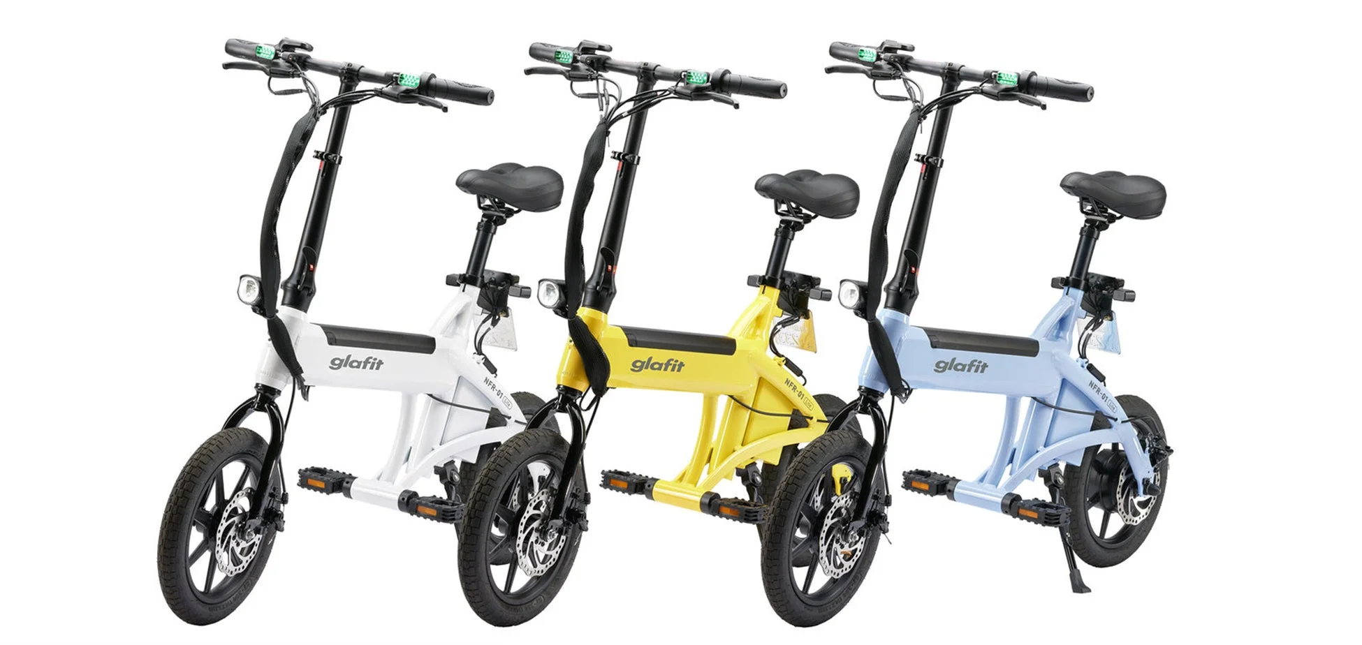 電動自転車、折りたたみ自転車、モビリティ、自転車、白、黄、水色、3台、製品写真、交通手段