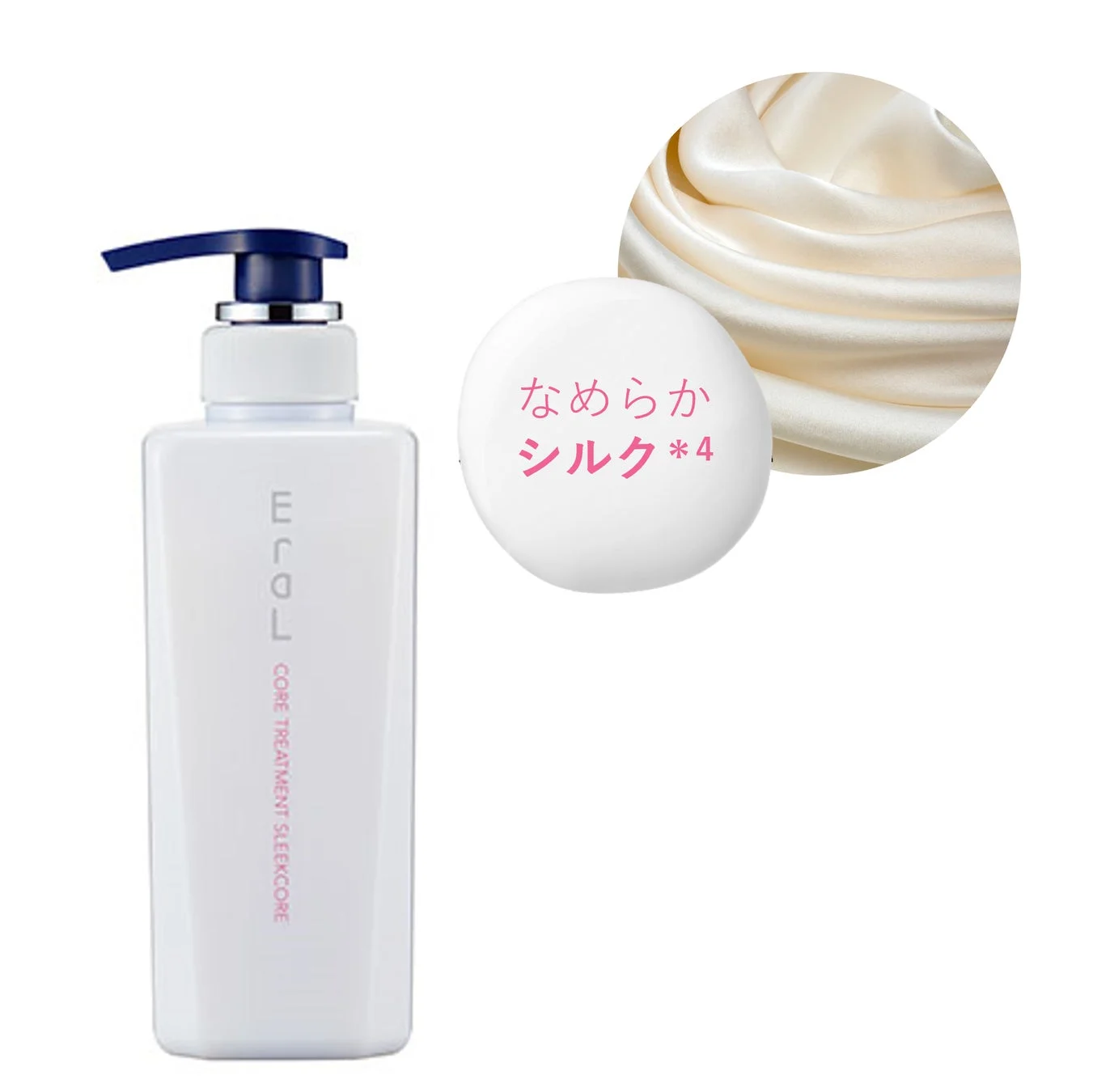 白いポンプ式のヘアトリートメントボトルと、なめらかなシルクの質感を表現したイメージが並んだ商品写真です。