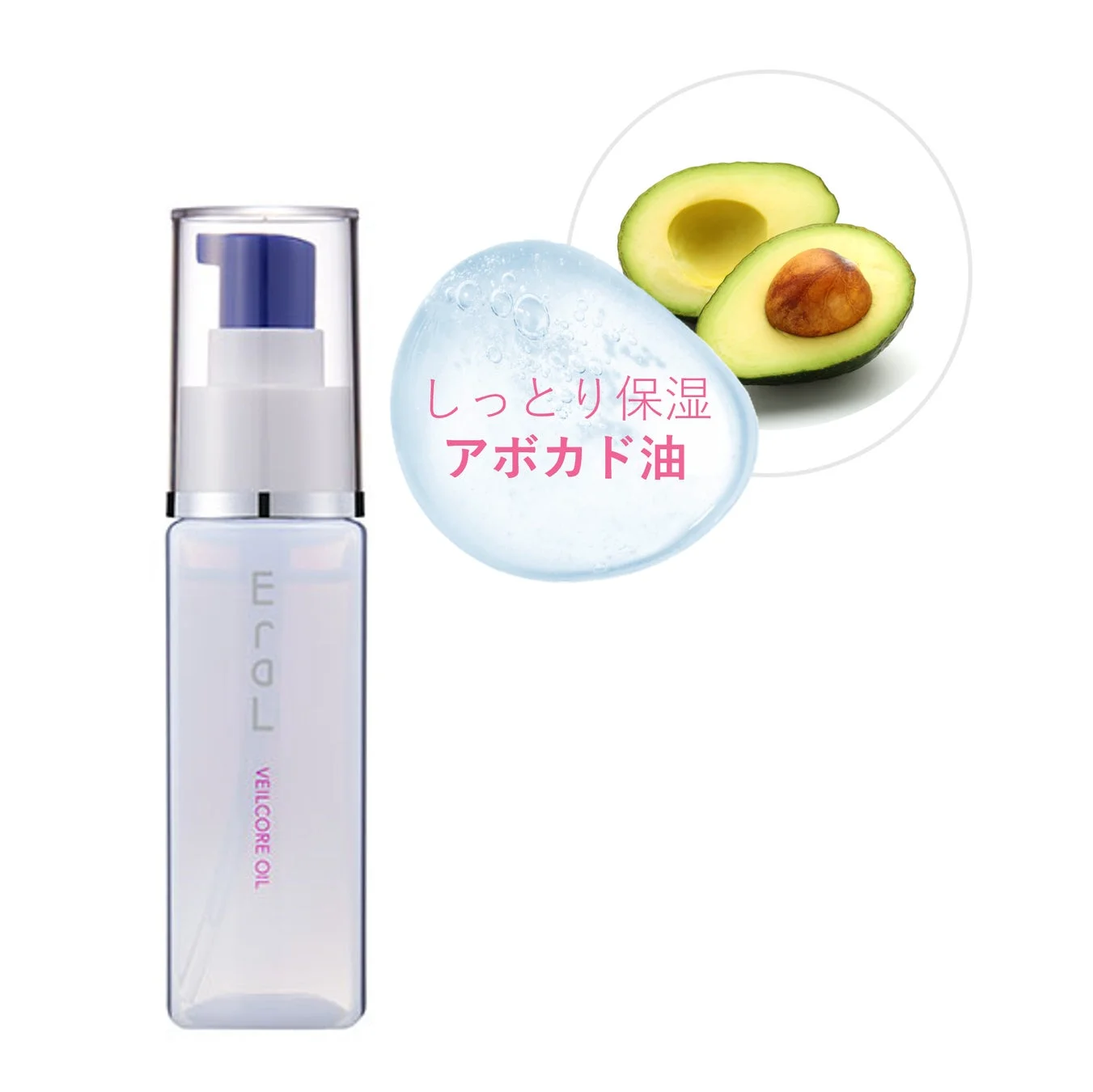 アボカド油を配合した保湿美容液「ECOL VEILCORE OIL」の製品画像です。