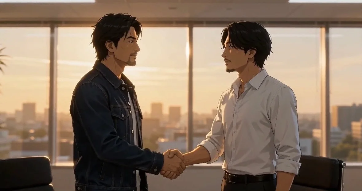 オフィスで二人の男性が握手をしているアニメーション