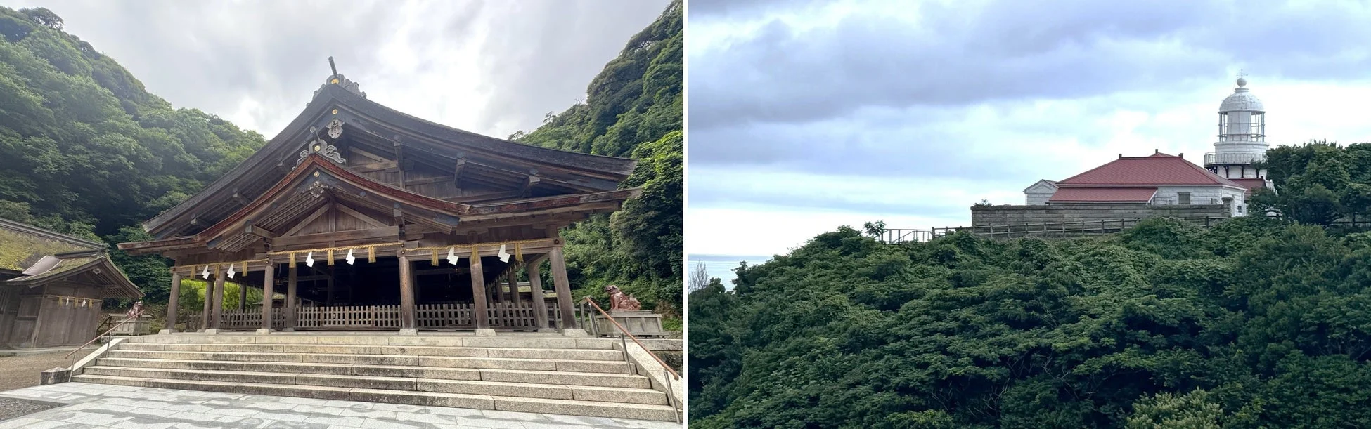 神社、灯台、日本の風景、建築、自然、山、海、曇り空