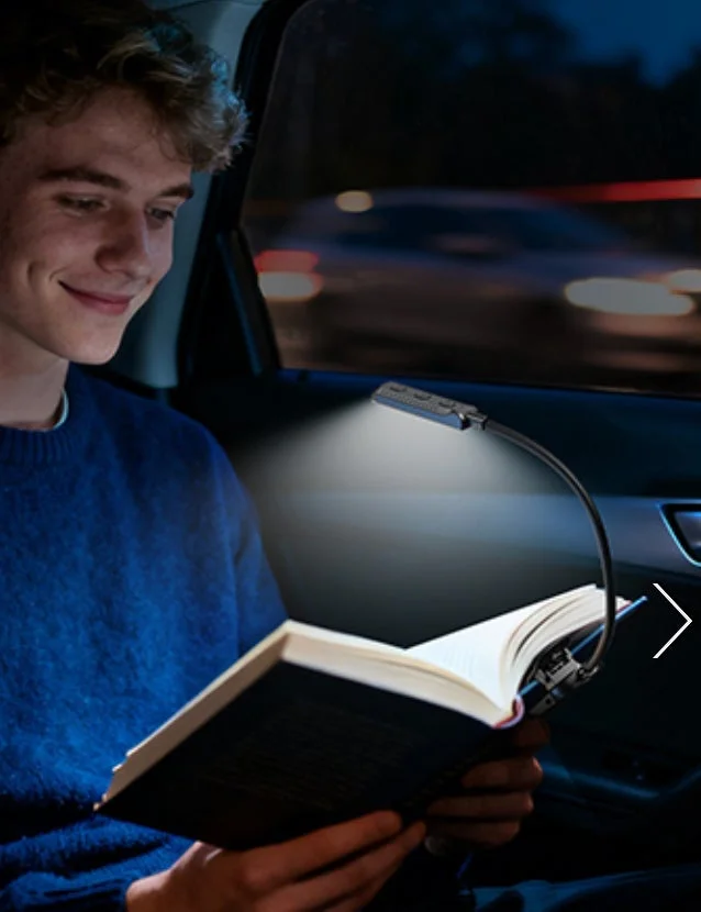 車内で本を読む男性とブックライト