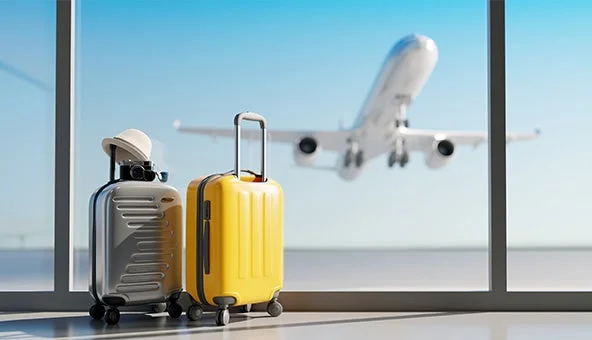 空港の窓際に置かれた二つのスーツケースと、青空を背景に離陸する飛行機