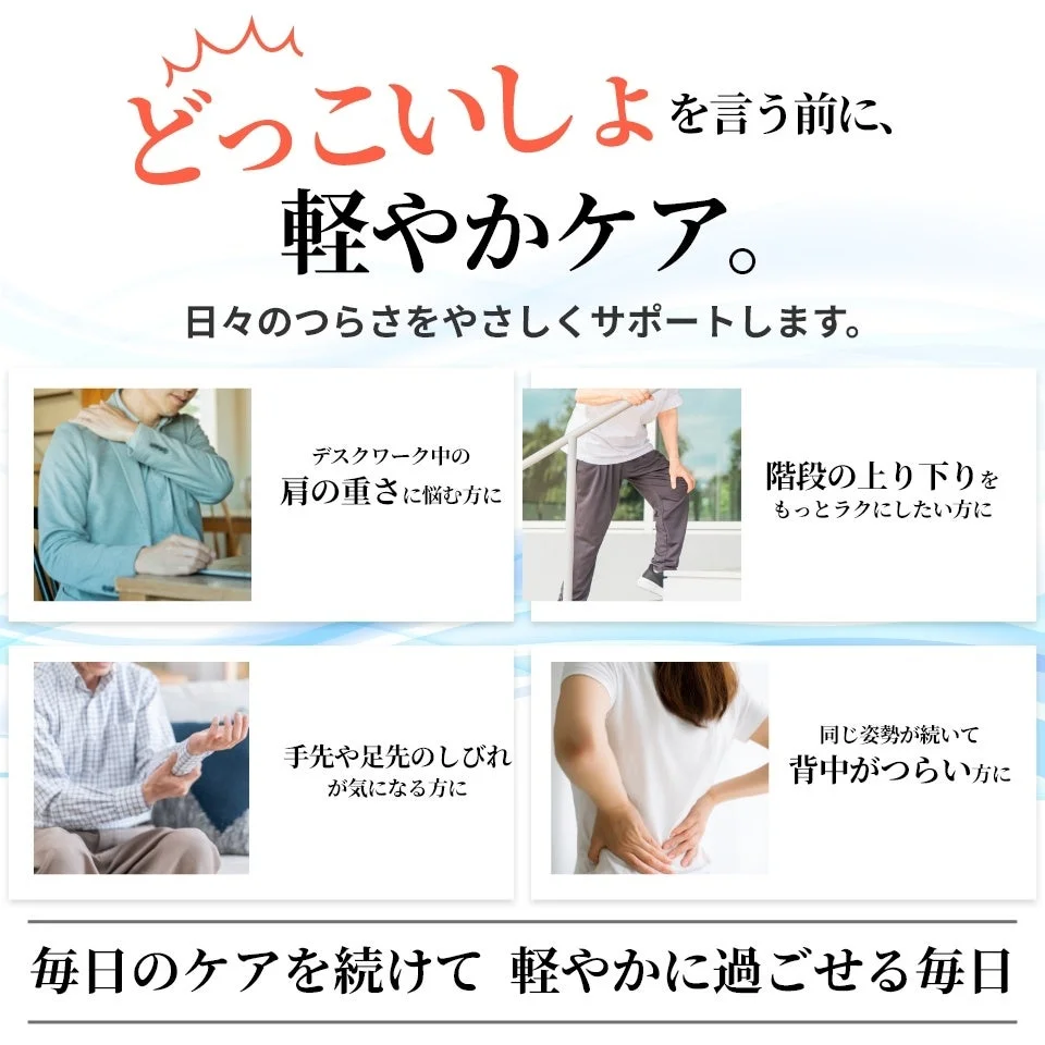 「どっこいしょ」と言う前の「軽やかケア」を提案する画像です。デスクワークによる肩の重さ、階段の上り下り、手足のしびれ、背中のつらさといった日常の悩みをサポートし、軽やかに過ごせる毎日を目指すメッセージが込められています。