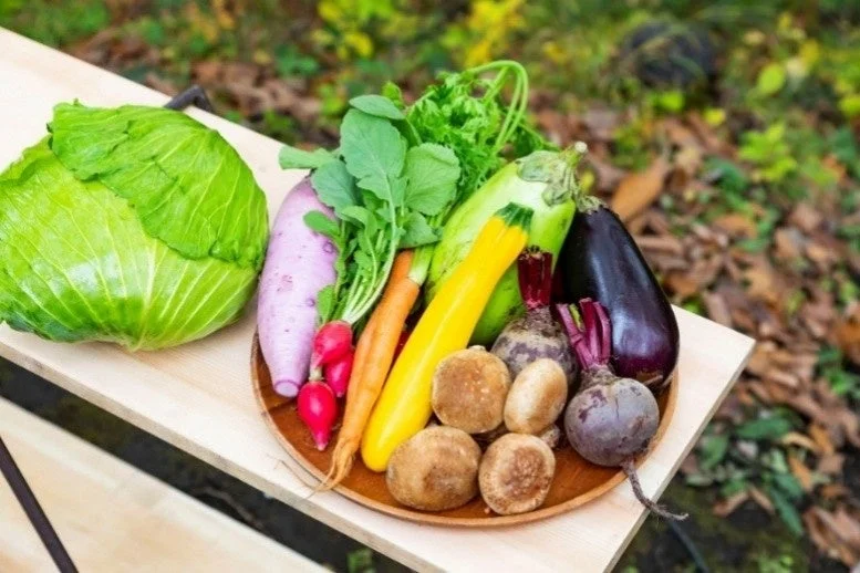 様々な種類の新鮮な野菜が並べられた木製ボード