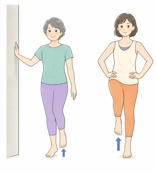 片足立ちのバランス運動をする2人の女性のイラスト