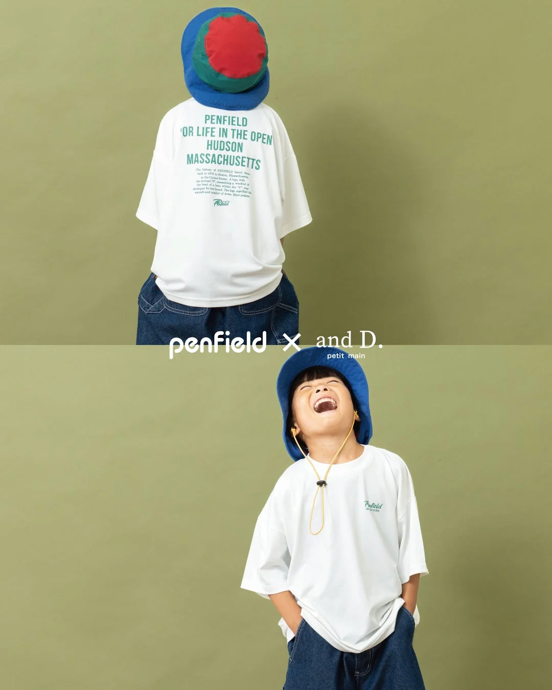 白いTシャツとデニムを着てバケットハットをかぶった子供の背中