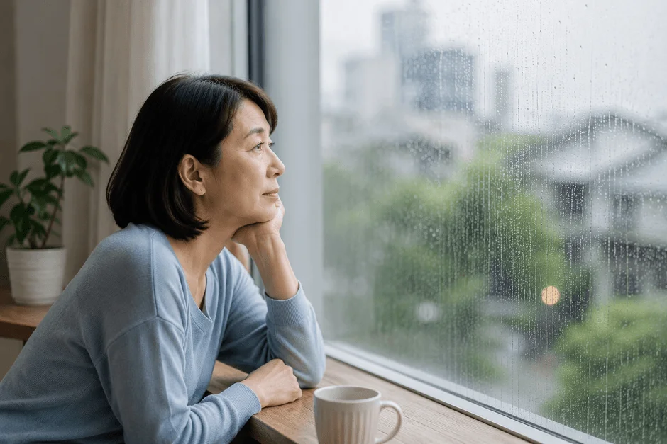 窓の外の雨を眺める中年女性