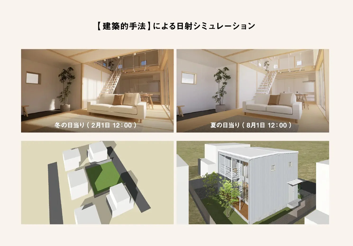 建築的手法による冬と夏の正午における住宅のリビングの日当たり状況を比較した画像