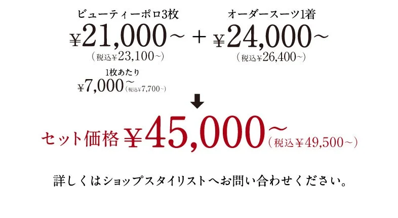 ビューティーポロ3枚とオーダースーツセットの価格