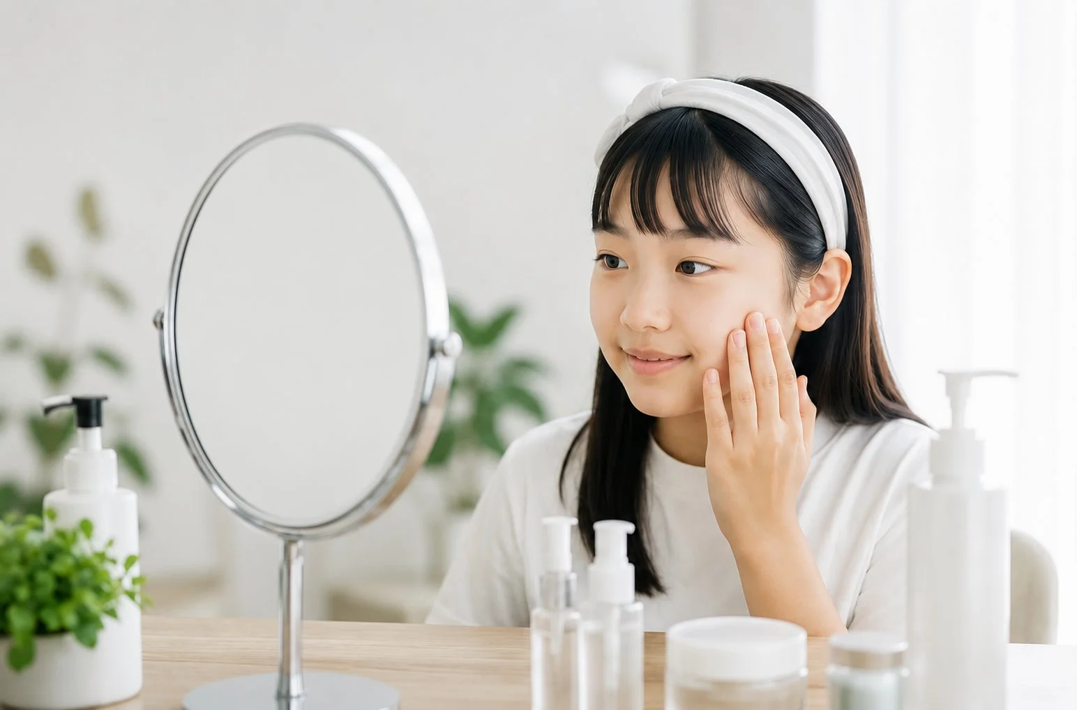 白いヘッドバンドをつけた若い女性が、鏡に映る自分の顔を見ながら頬に触れています。