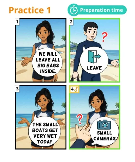 ビーチでのアクティビティ準備に関する英語学習用マンガ。大きな荷物やカメラ、ボートについて、男女が何を持っていくべきか、何を置いていくべきかをイラストと短いテキストで説明している。