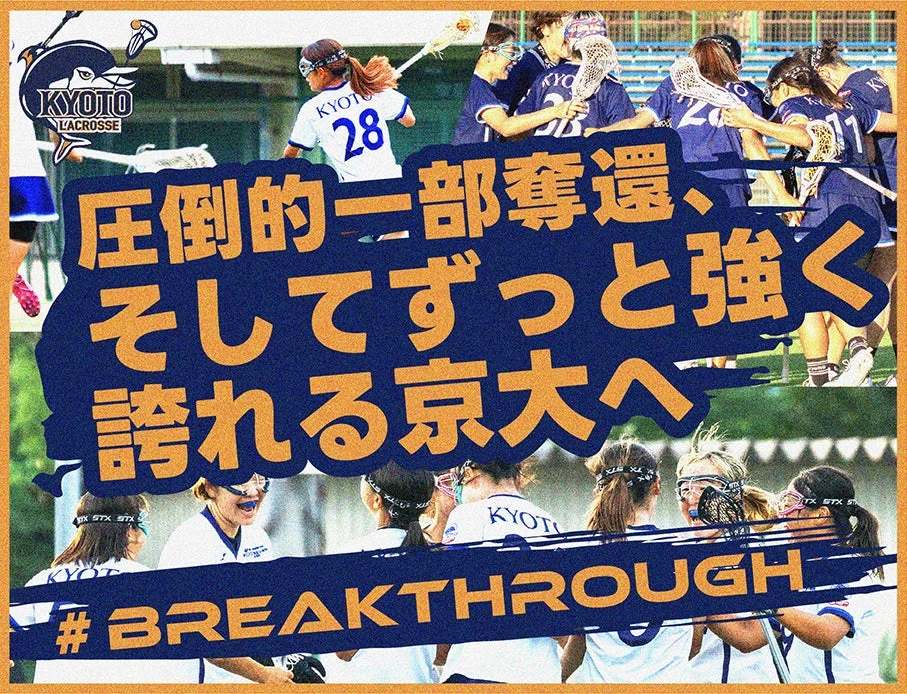 京都大学女子ラクロスチームの活動を示す画像。選手たちがプレーする様子やチームで集まる姿が描かれ、「圧倒的二部奪還、そしてずっと強く誇れる京大へ」という強いメッセージと「#BREAKTHROUGH」のハッシュタグが添えられています。